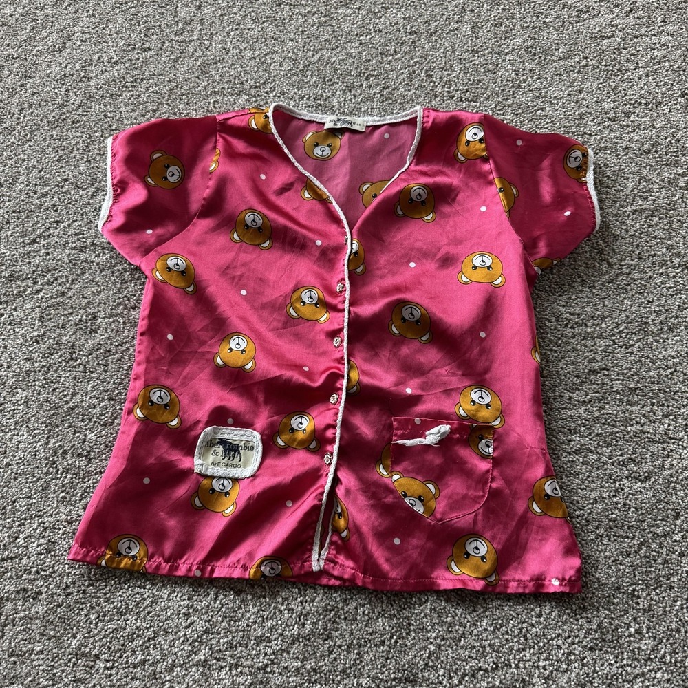 Y2K Abercrombie & Fitch Pajama Top Womens Small Pink Bear Print Satin Button